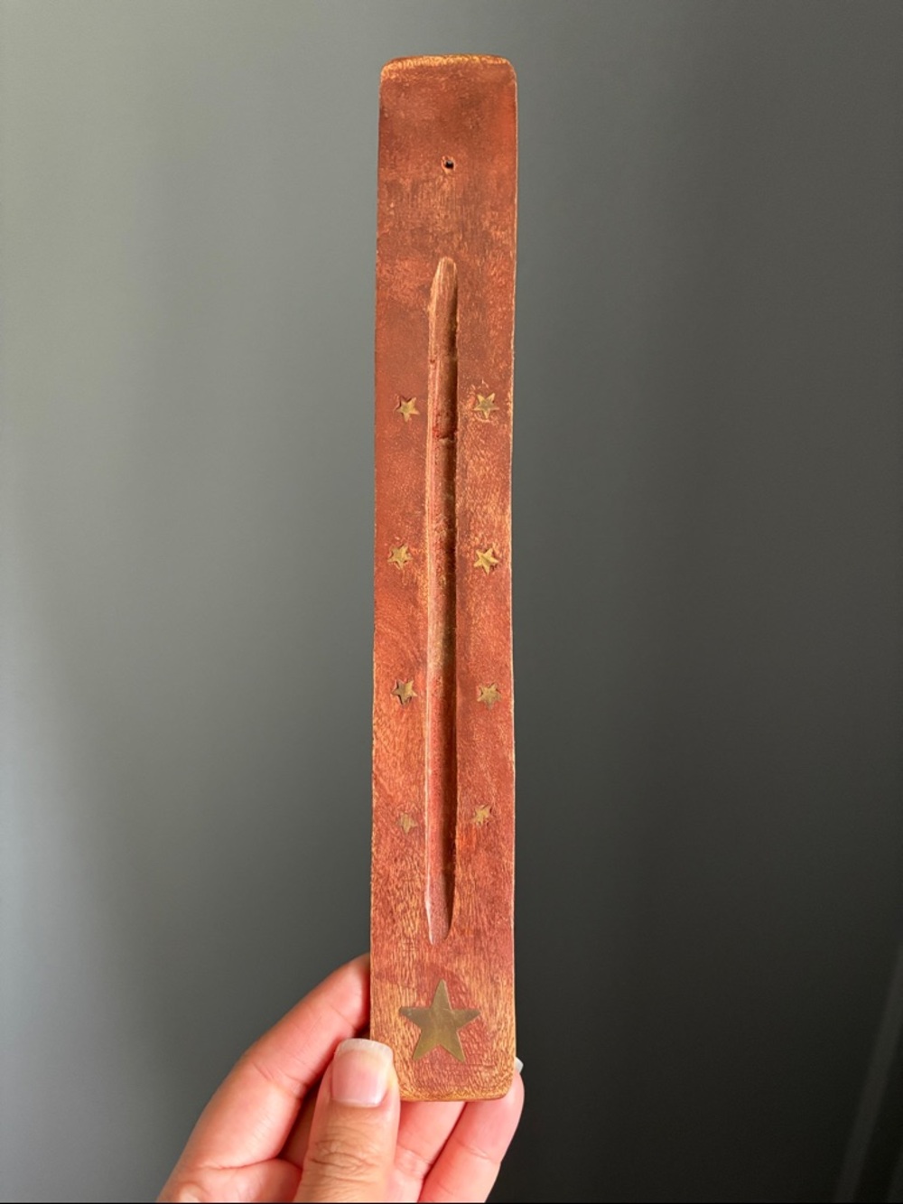 Wooden Incense Holder with Brass Star Inlays - Rustic Brown
